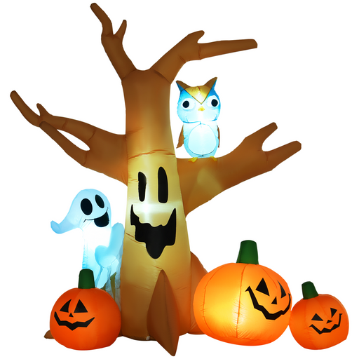 240cm Halloween inflatable tree with ghost, pumpkins, owl, and four LED lights for indoor and outdoor UK display
