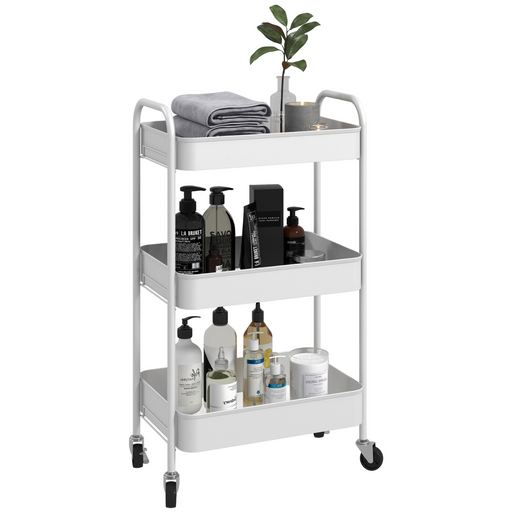 White 3-tier kitchen storage cart with steel mesh baskets and wheels for easy mobility

