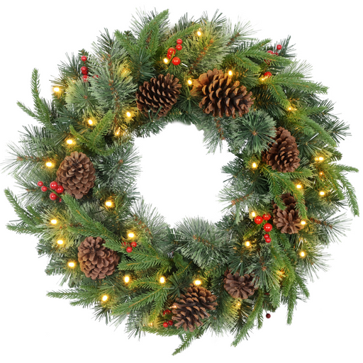 Lifelike Christmas LED wreath with pine cones and red berries for home décor