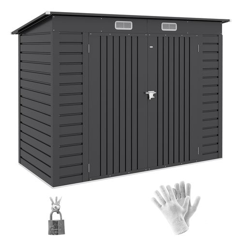 Galvanised metal bike shed with double doors, padlock, and air vents, sized 3.7 x 7.9 ft, suitable for secure outdoor storage of bikes and tools.