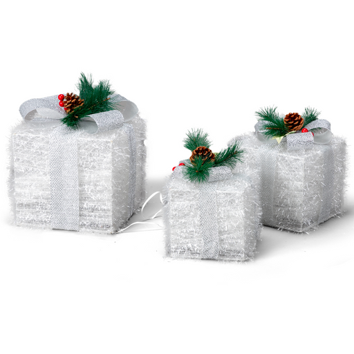 Set of three pre-lit Christmas gift boxes in descending sizes, illuminated with multi-color LED lights, suitable for indoor and outdoor display.