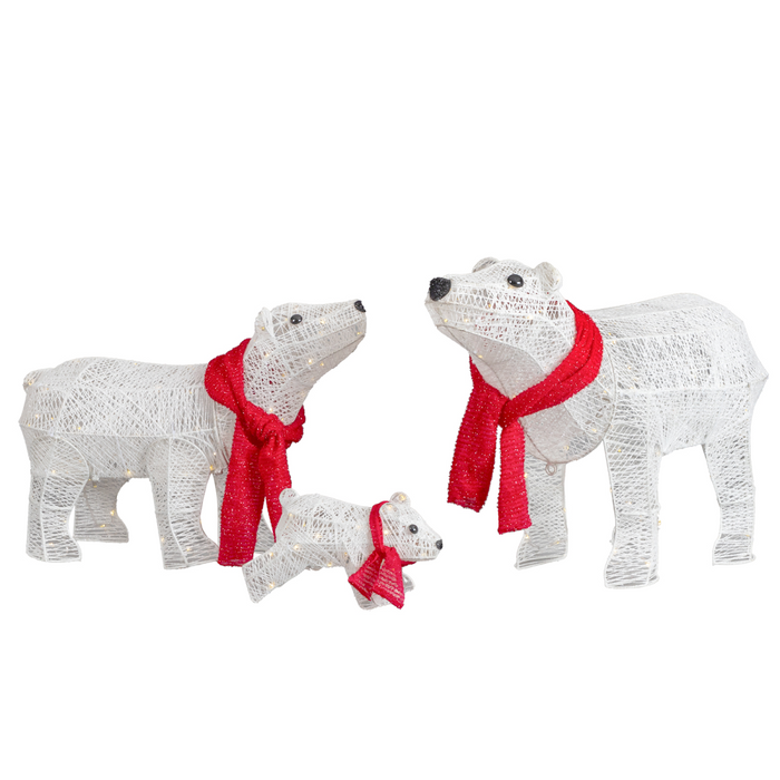 Set of three pre-lit, collapsible Christmas polar bear figures wearing red scarves, designed for outdoor display with 190 warm white LED lights.