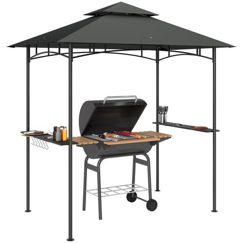 BBQ gazebo shelter with metal frame, two-tier canopy, side shelves, baskets, and light hook for outdoor grilling


