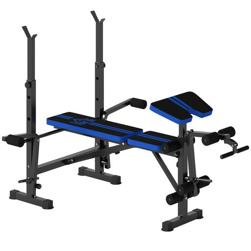 Black and Blue Adjustable Weight Bench with Squat Rack and Leg Curl Station