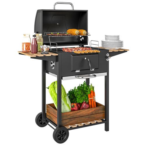 Outsunny charcoal BBQ grill with warming rack, adjustable charcoal pan, thermometer and 3 shelves – outdoor garden grill for UK homes

