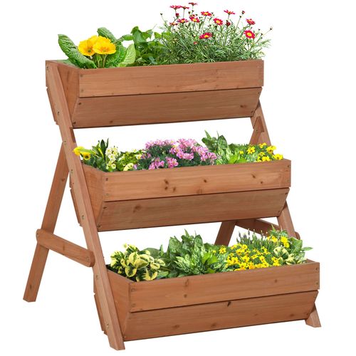 Three-level fir wood garden planter with drainage holes for outdoor and balcony use