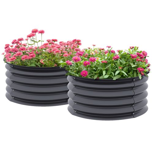 Set of two galvanized steel raised garden planters with open bottom and curved edges
