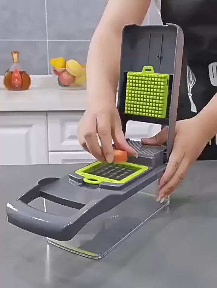 Stainless steel vegetable chopper with sharp blades for slicing and shredding fruits and vegetables