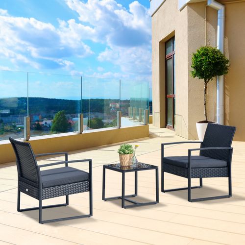 3-piece rattan garden bistro set with two cushioned chairs and glass-top table – outdoor patio furniture UK