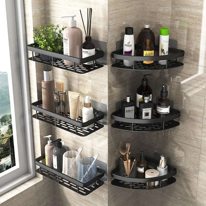Aluminum no-drill bathroom shelf organizer for shower and makeup storage