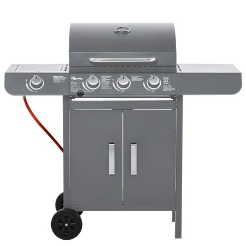 BBQ grill with side burner and warming rack, featuring cool-touch handles and removable drip tray.