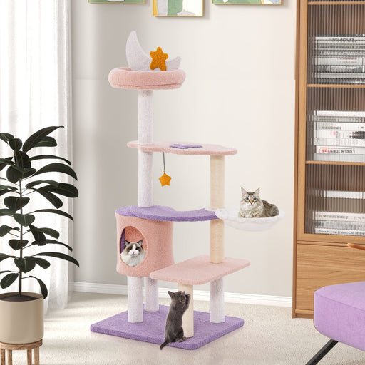 Cloud-shaped platforms with sisal scratching posts on a multi-level cat tree tower in purplish pink, featuring a cozy hammock and hanging star toy.