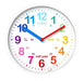 Brightly coloured 20cm kids wall clock with quartz movement featuring multicoloured numbers for time learning.
