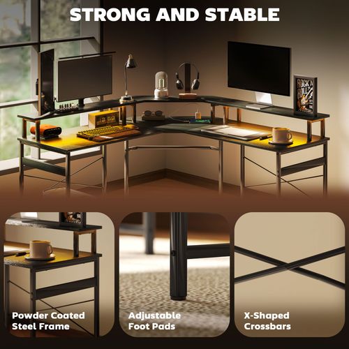 L-Shaped Computer Desk – Built-in Power & LED Lighting - Samanta Factory