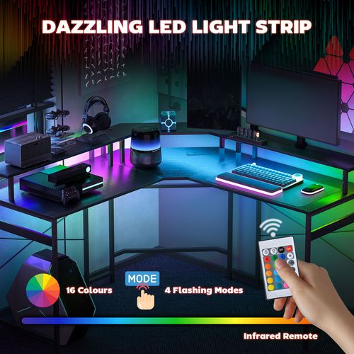 L-Shaped Computer Desk – Built-in Power & LED Lighting - Samanta Factory
