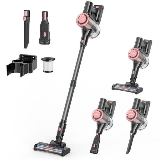 Cordless vacuum cleaner with 28Kpa suction and LED motorized brush, perfect for pet hair and carpets.