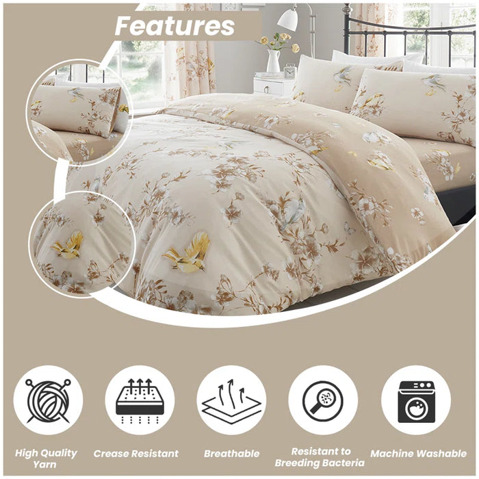 Birdie Blossom Cotton Blend Floral Duvet Cover Set with Pillowcases
