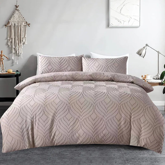 Solid Colour Duvet Cover Set with Damask Pattern and Velvet Border