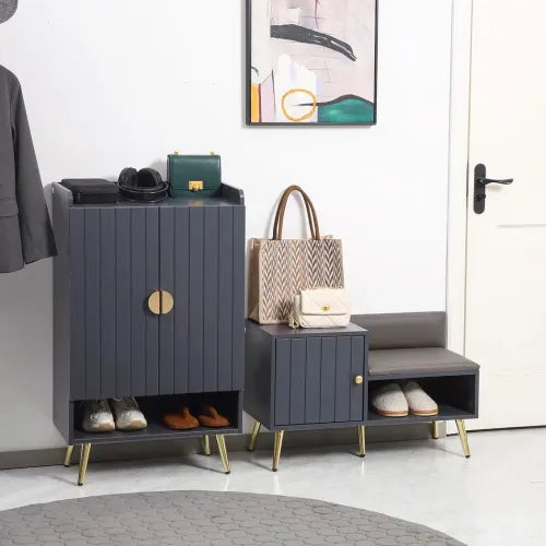 Shoe Bench with Storage Cabinet, Seating Cushion for Entryway Hallway Grey - Samanta Factory