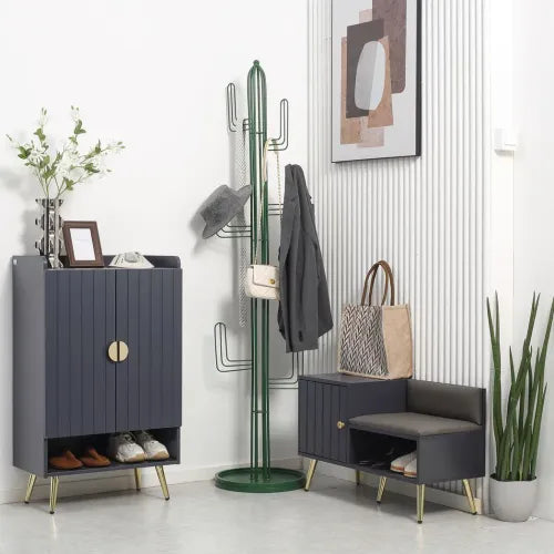Shoe Bench with Storage Cabinet, Seating Cushion for Entryway Hallway Grey - Samanta Factory