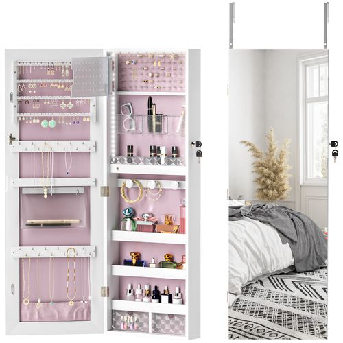 Wall-mounted LED jewelry cabinet with full-length mirror and lockable storage