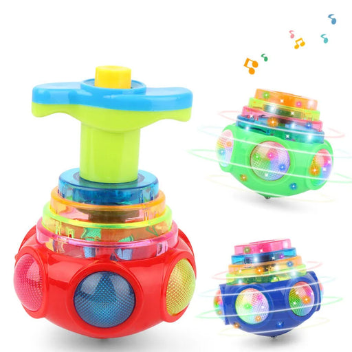 Colorful LED spinning top toy for kids with flashing lights, music, and easy launcher