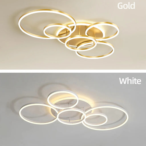 Sleek black and gold LED ceiling chandelier with remote control and flush mount installation
