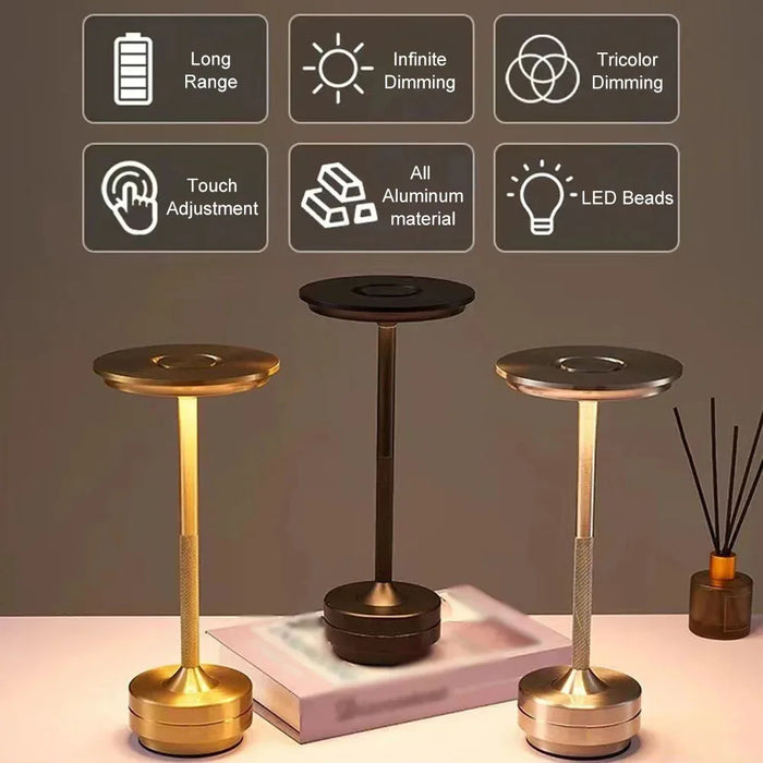 Wireless LED desk lamp with touch control and dimming feature in black and brushed nickel finish for modern lighting solutions.