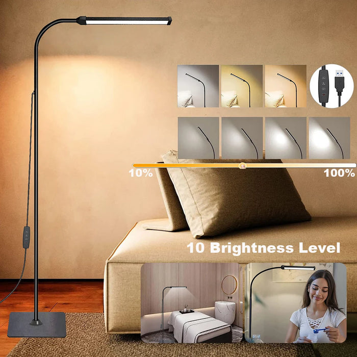 Adjustable gooseneck LED floor lamp with dimmable lighting, ideal for reading, studying, and modern home decor.
