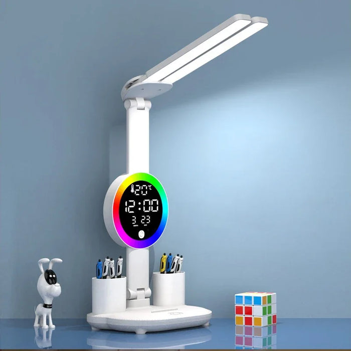 Modern rechargeable LED desk lamp with built-in fan and digital clock display for multifunctional use in home offices or bedrooms.