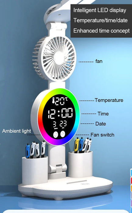 Desk Lamp – Rechargeable LED with Fan & Clock Display - Samanta Factory