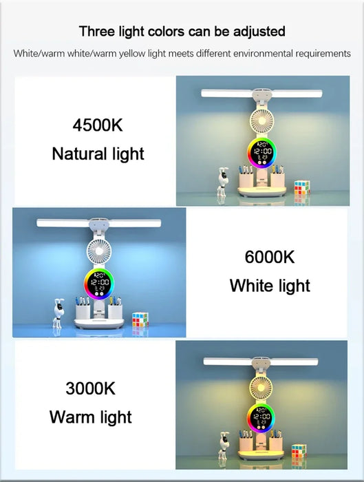 Desk Lamp – Rechargeable LED with Fan & Clock Display - Samanta Factory