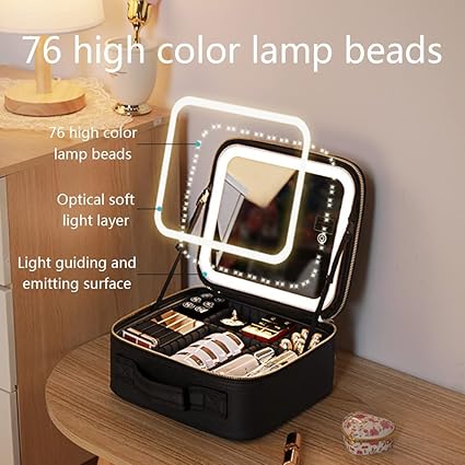 Makeup Bag with LED Mirror – 3-Color Light & Customizable Storage - Samanta Factory