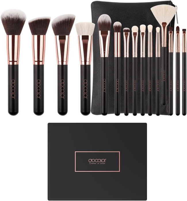 Professional 15-Piece Makeup Brush Set for Flawless Application of Powder, Cream, and Liquid with Elegant PU Leather Case in Classic Rose Gold