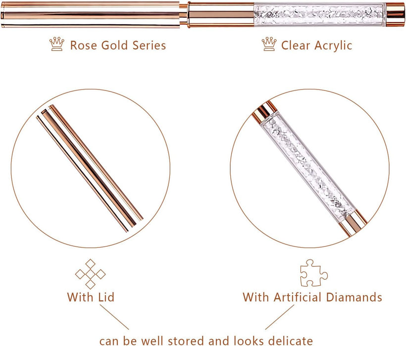 5-Piece Professional Nail Art Liner Brush Set with Protective Caps and Diamond Handles, 7/9/11/15/20mm,  Fine Detail Painting Tools for Acrylic Design in Rose Gold