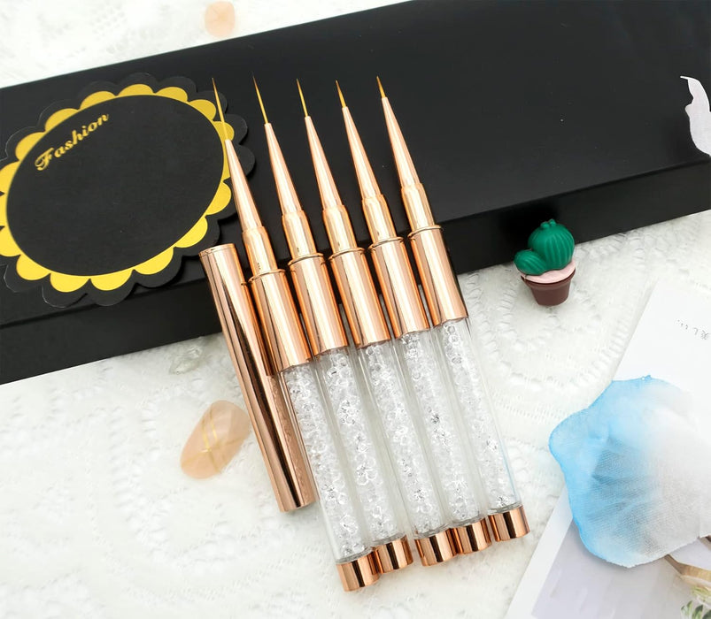 5-Piece Professional Nail Art Liner Brush Set with Protective Caps and Diamond Handles, 7/9/11/15/20mm,  Fine Detail Painting Tools for Acrylic Design in Rose Gold