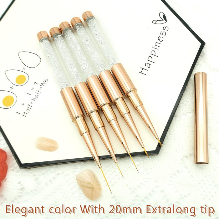 5-Piece Professional Nail Art Liner Brush Set with Protective Caps and Diamond Handles, 7/9/11/15/20mm,  Fine Detail Painting Tools for Acrylic Design in Rose Gold