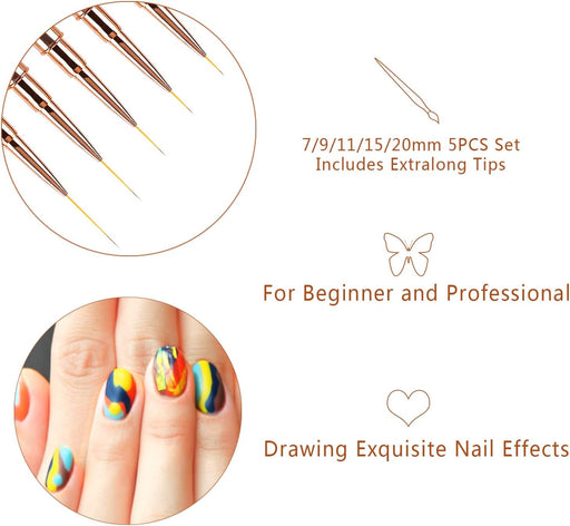 5-piece professional nail art brush set with rose gold diamond handles and protective caps