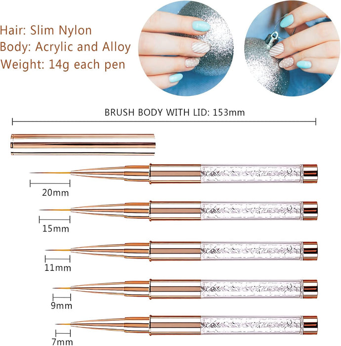 5-Piece Professional Nail Art Liner Brush Set with Protective Caps and Diamond Handles, 7/9/11/15/20mm,  Fine Detail Painting Tools for Acrylic Design in Rose Gold