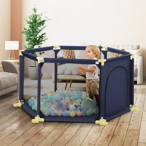 Secure slip-resistant playpen with chew-proof mesh and easy-latch door for toddlers and crawlers.
