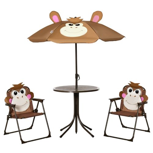 Kids foldable garden set with table, chairs, and monkey design umbrella