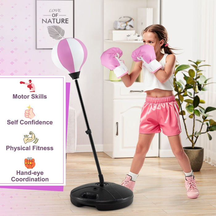 Kids boxing set with adjustable punching ball, gloves, and air pump for children