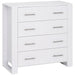 White four-drawer storage unit with safety straps and elevated base for organization.