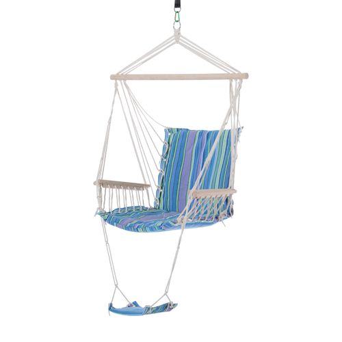 Stylish hammock swing chair with cushioned seat, back support, and footrest for indoor and outdoor relaxation.
