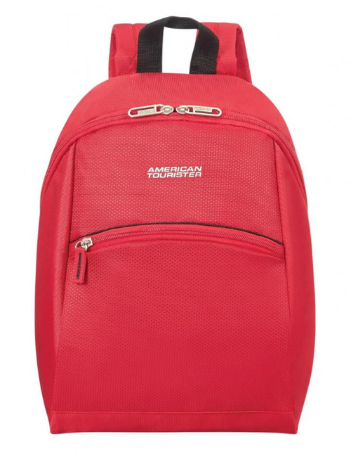 Red American Tourister backpack with laptop sleeve and padded straps for students and commuters
