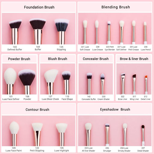25-piece Jessup professional makeup brush set with wooden handles and soft natural bristles in rose gold and pearl white box
