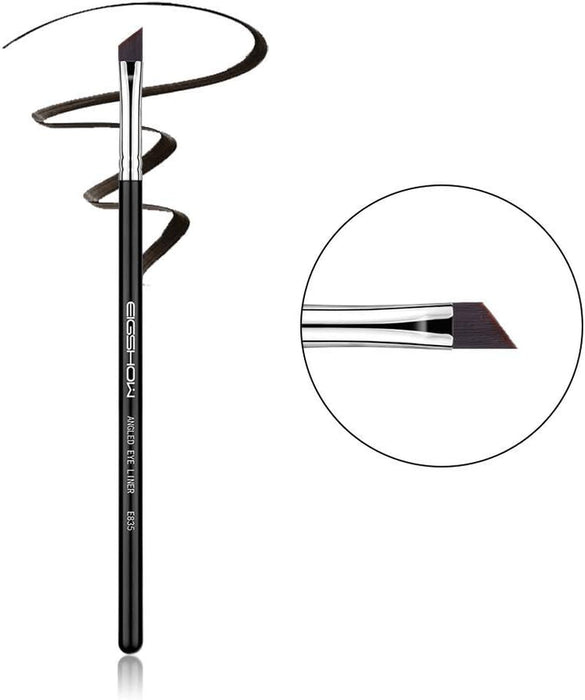 Precision angled eyeliner brush with synthetic bristles and wooden handle for gel and liquid eyeliner application

