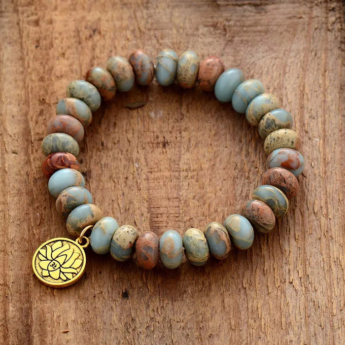 Imperial Jasper Lotus Bracelet, Natural Stone & Lotus Charm (Unisex)! 🌿🌸 - Samanta Factory