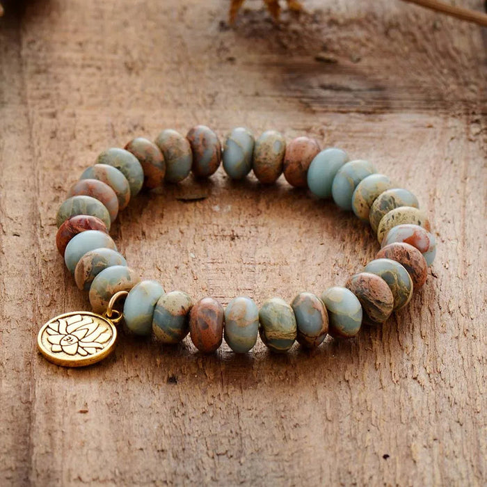 Imperial Jasper Lotus Bracelet, Natural Stone & Lotus Charm (Unisex)! 🌿🌸 - Samanta Factory