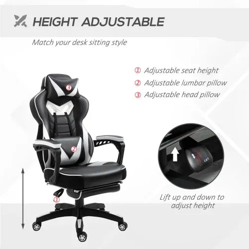 Gaming Chair Ergonomic Reclining w/ Manual Footrest Wheels Stylish Office White - Samanta Factory